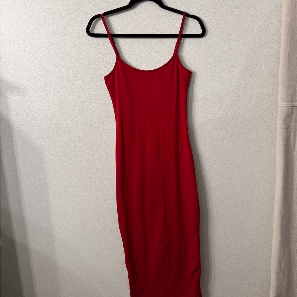 Chic Red Midi Dress with Spaghetti Straps and Flowy Skirt